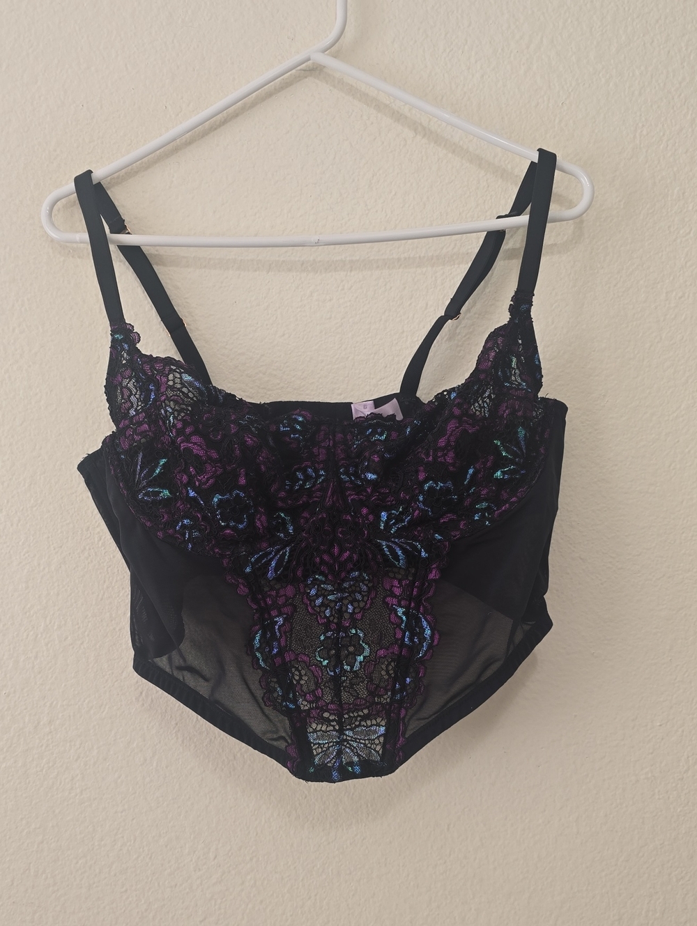Savage X Black Sheer Bodysuit with Purple & Blue Lace Embroidery 16-18